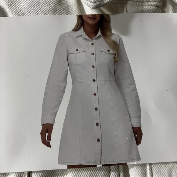 Frye Bone Denim Mini Dress with Button Front Cinch Waist Long Sleeve - Picture 2 of 7